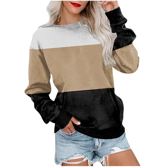 Jszlgo Women's Long Sleeve Color Block Tunics Tops Round Neck Shirts Casual Blouses Long Sleeve Shirts for Women Trendy Fall Clothes for Womne 2024