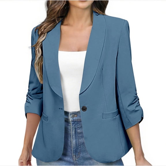 Jszlgo Women's Ruched 3/4 Sleeve Blazers Lightweight Slim Fit Jackets with Padded Shoulder for Business Casual