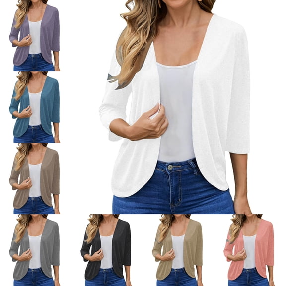 Jszlgo Womens 3/4 Sleeve Lightweight Cardigan Open Front Kimono Summer Ruffle Loose Cardigans