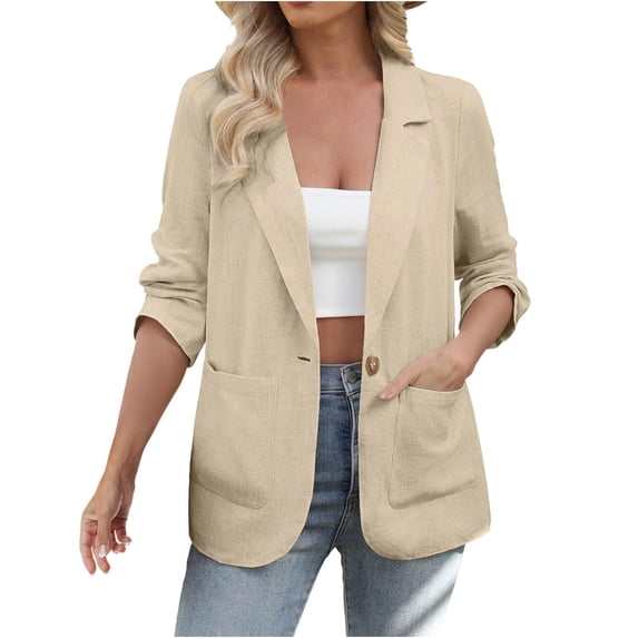 Jszlgo Womens Linen Blazer Casual Long Sleeve Lightweight One Button Jackets Spring Summer Suit