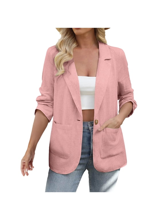 Womens Linen Blazer Casual Long Sleeve Lightweight One Button Jackets Spring Summer Suit