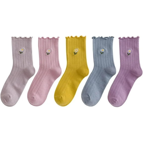Jtbuh XLY 5 Pairs Women Ruffle Frilly Socks Flower Cotton Summer Winter Solid Crew Sock