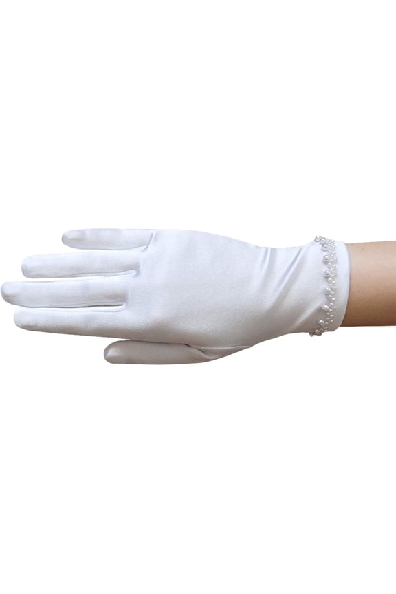 Girl's Satin Gloves with pearl bead edging around the Wrist/White