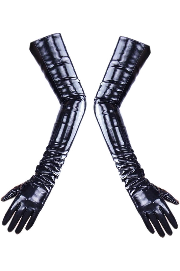LATEX LONG GLOVES Shine Leather Faux Patent PU 24" 60cm Opera Evening Black (Patent Black)