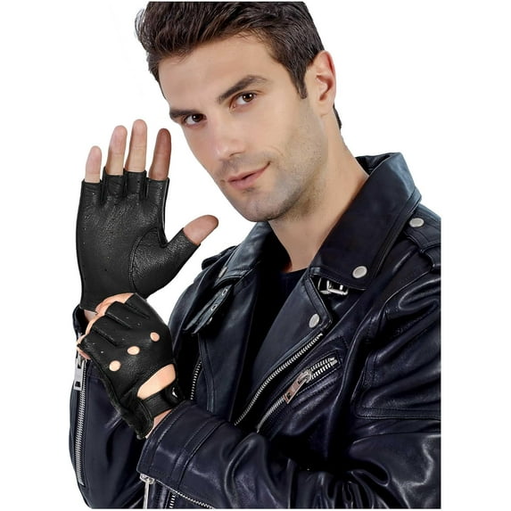 Jtbuh XLY Men Fingerless Gloves Driving Leather Cycling Half Finger Motorcycle Unlined Gloves for Cycling