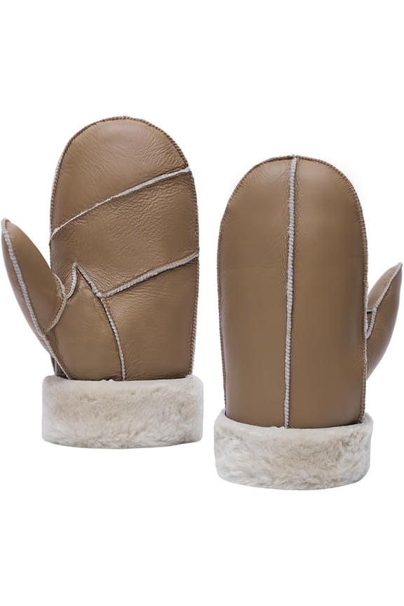 Men Leather Mittens Shearling Sheepskin Fur Lined Winter Mitten Gloves