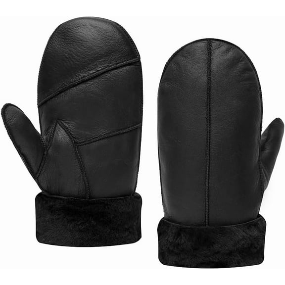 Jtbuh XLY Men Leather Mittens Shearling Sheepskin Fur Lined Winter Mitten Gloves