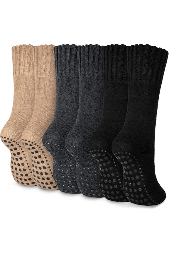 Men's Non-Slip Yoga Sock 3 Pairs Thermal Merino Wool Pilates Grip Socks for Men Thick Warm Winter Slipper Socks