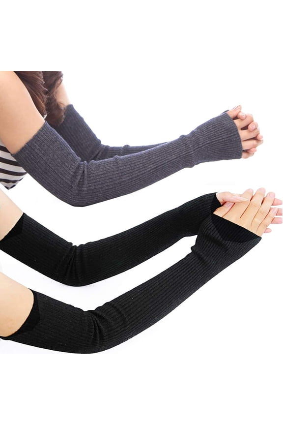 Women's Warm Long Fingerless Gloves Winter Arm Protection (2 pairs of black and dark gray)