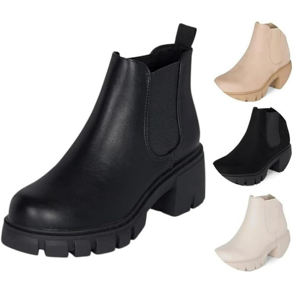 Jtelle: Dance- Womens Platform Ankle Boots Elastic Chunky Block Heel Chelsea Booties Lug Sole Combat Shoes (Black PU, 12)