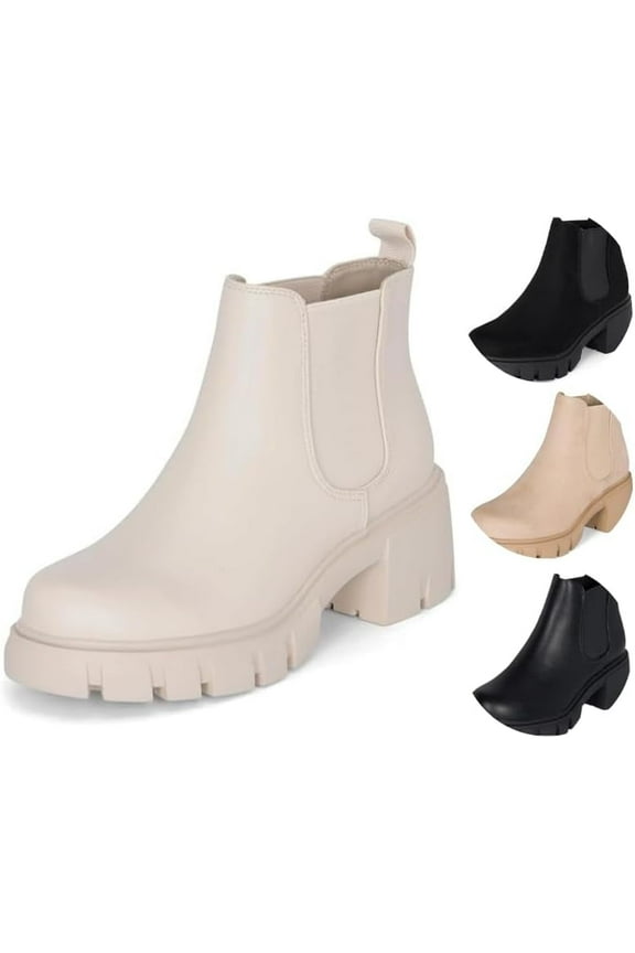 : Dance- Womens Platform Ankle Boots Elastic Chunky Block Heel Chelsea Booties Lug Sole Combat Shoes (Bone Pu, 6.5)