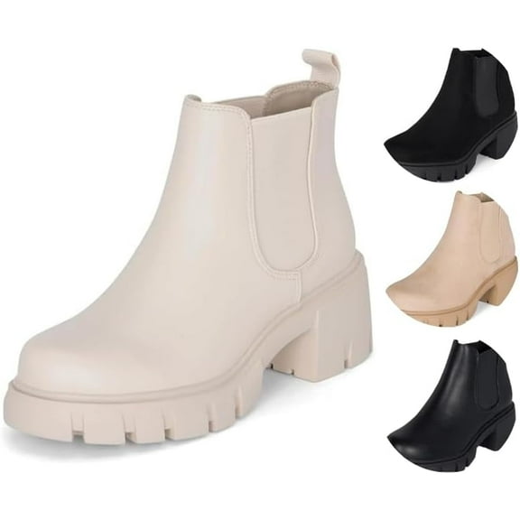 Jtelle: Dance- Womens Platform Ankle Boots Elastic Chunky Block Heel Chelsea Booties Lug Sole Combat Shoes (Bone Pu, 8.5)