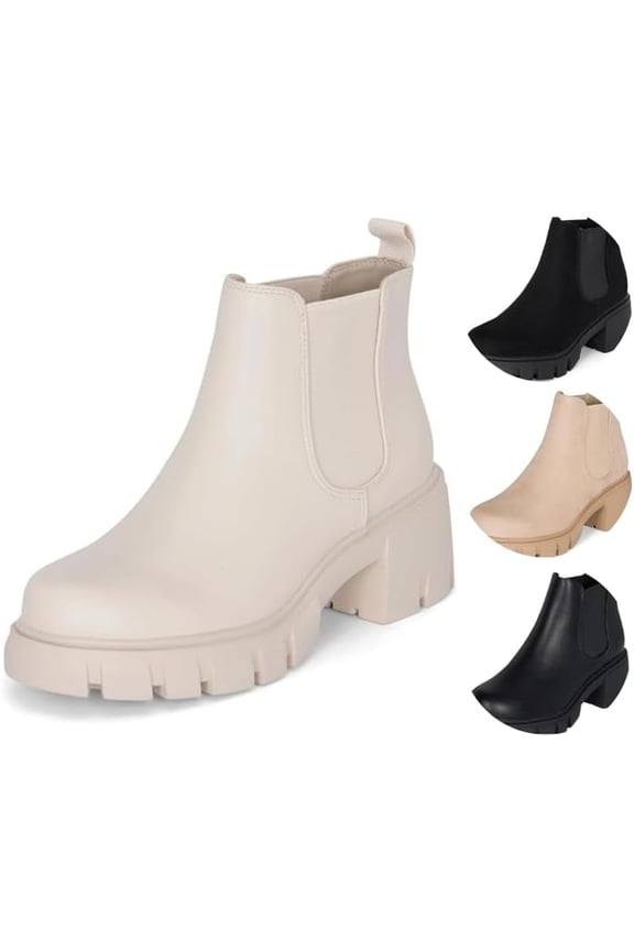 : Dance- Womens Platform Ankle Boots Elastic Chunky Block Heel Chelsea Booties Lug Sole Combat Shoes (Bone Pu, 9)