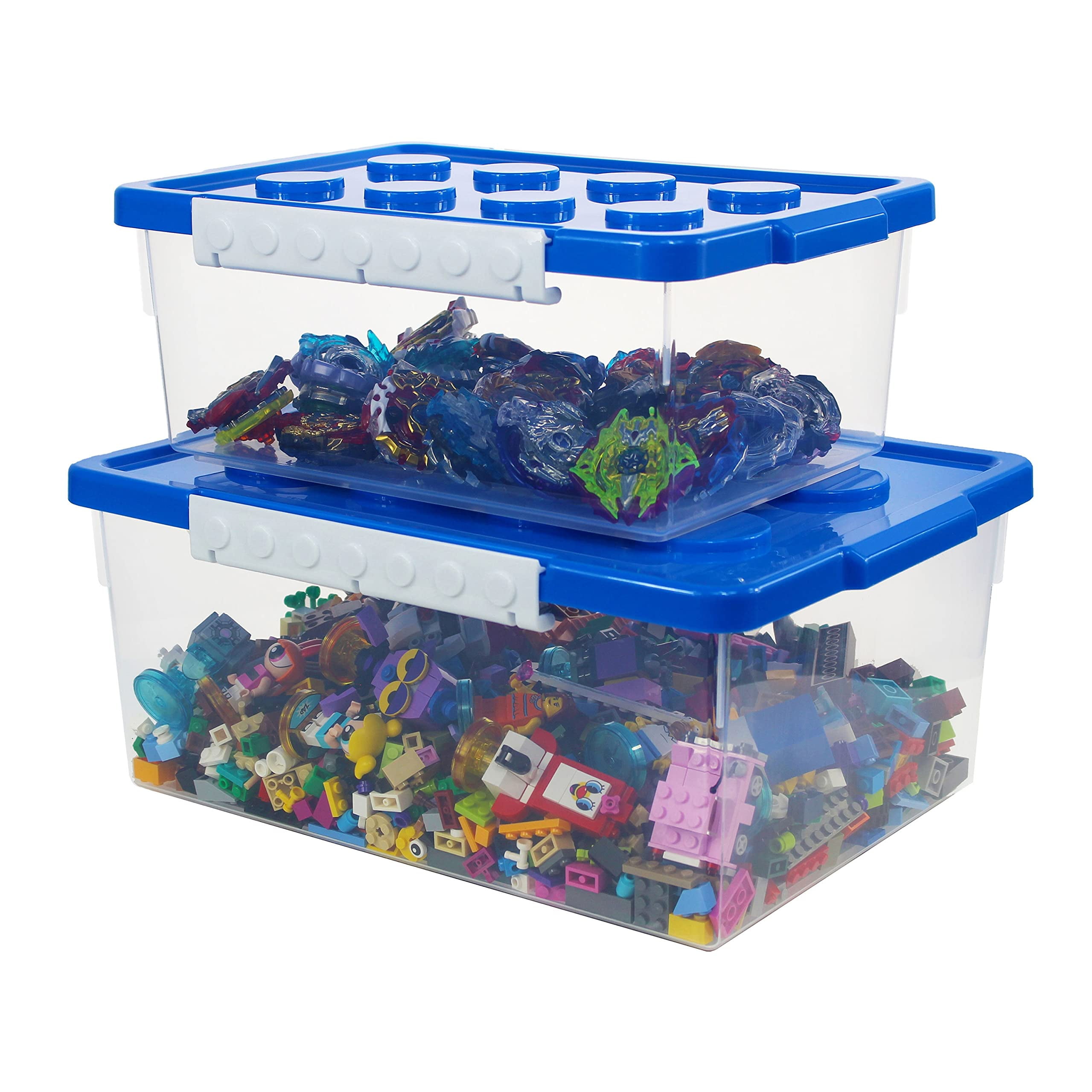 Blue Rectangular Plastic Toy Storage Bins with Snap Lids, Set of 2