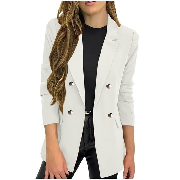 Jtjvou Blazer for Women Trendy Suit Jacket Lightweight Slim-Fit Front Open Blouse Work Blazer with Pockets Business Lapel Jacket Solid Color Office Cardigan Button up White XL