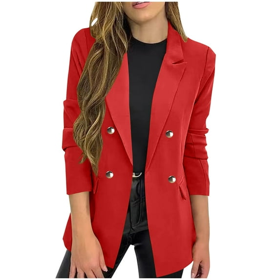 Jtjvou Blazer for Women Trendy Suit Jacket Lightweight Slim-Fit Front Open Blouse Work Blazer with Pockets Business Lapel Jacket Solid Color Office Cardigan Button up Red M