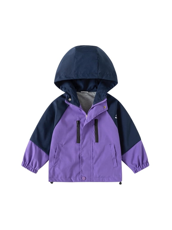 Boys and Girls Softshell for Hiking and Travel Waterproof Active Outdoor Rain Jacket Rain Coat for Kids Lightweight Zip up Summer Fall Raincoat Windbreaker with Hood Plus Size Purple 2 Years