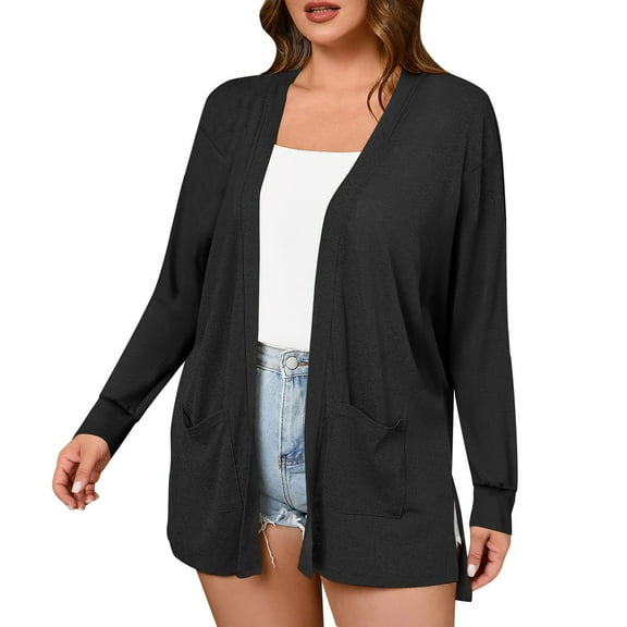 Jtjvou Breathable Cover Ups Dusters Tops Open Front Lightweight Cardigan for Women Plus Size Long Sleeve Casual Loose Trendy Soft Thin Cardigans Black L