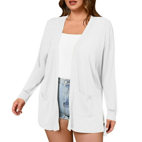 Jtjvou Breathable Cover Ups Dusters Tops Open Front Lightweight Cardigan for Women Plus Size Long Sleeve Casual Loose Trendy Soft Thin Cardigans White L