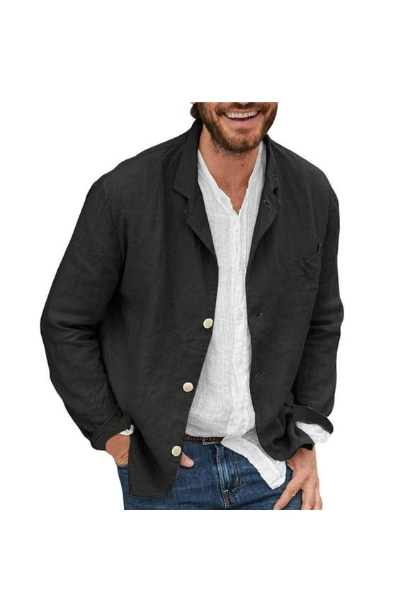 Button up Blazer for Men Business Lapel Jacket Work Blazer with Pockets Trendy Suit Jacket Slim-Fit Front Open Blouse Solid Color Office Cardigan Black M