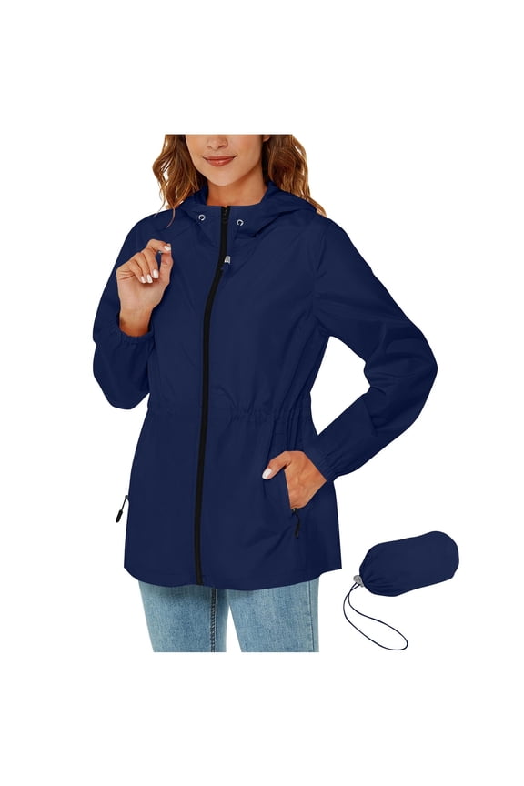 Lightweight Zip up Rain Coat for Women Windbreaker with Hood Plus Size Summer Fall Raincoat Waterproof Active Outdoor Rain Jacket Softshell for Hiking and Travel Navy S