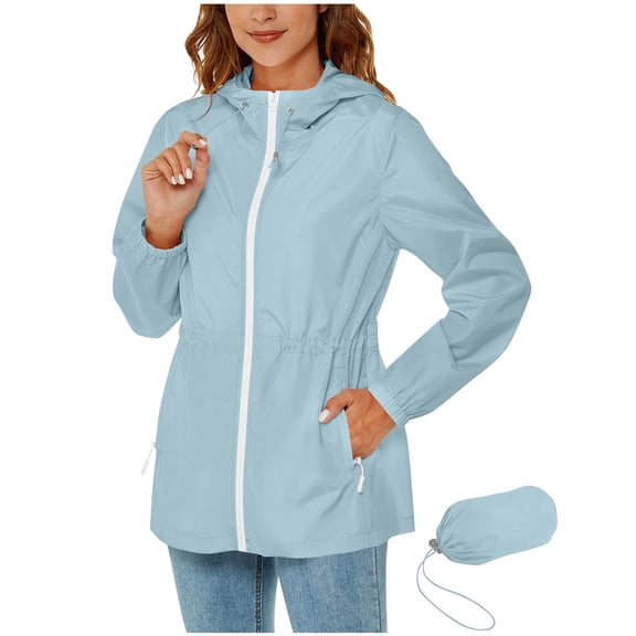 Jtjvou Lightweight Zip up Rain Coat for Women Windbreaker with Hood Plus Size Summer Fall Raincoat Waterproof Active Outdoor Rain Jacket Softshell for Hiking and Travel Light Blue S
