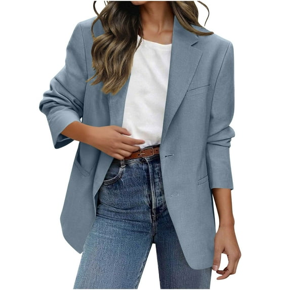 Jtjvou Solid Color Office Cardigan Trendy Suit Jacket Lightweight Slim-Fit Front Open Blouse Work Blazer with Pockets Blazer for Women Business Lapel Jacket Button up Blue S
