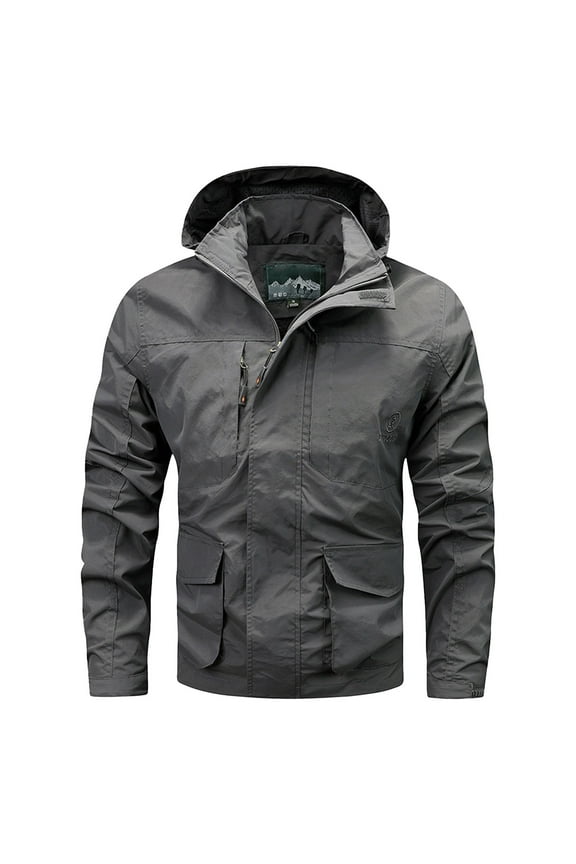 Waterproof Active Outdoor Rain Jacket Rain Coat for Men Windbreaker with Hood Plus Size Summer Fall Raincoat Lightweight Zip up Softshell for Hiking and Travel Gray M