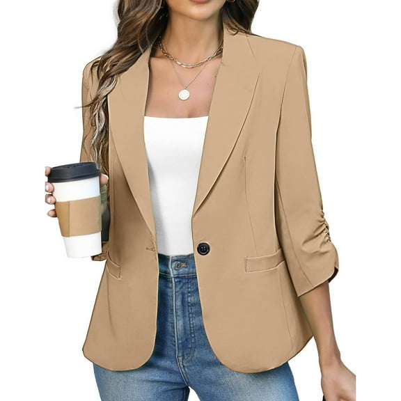 Jtjvou Work Blazer with Pockets Trendy Suit Jacket Lightweight Slim-Fit Front Open Blouse Button up Solid Color Office Cardigan Blazer for Women Business Lapel Jacket Khaki L