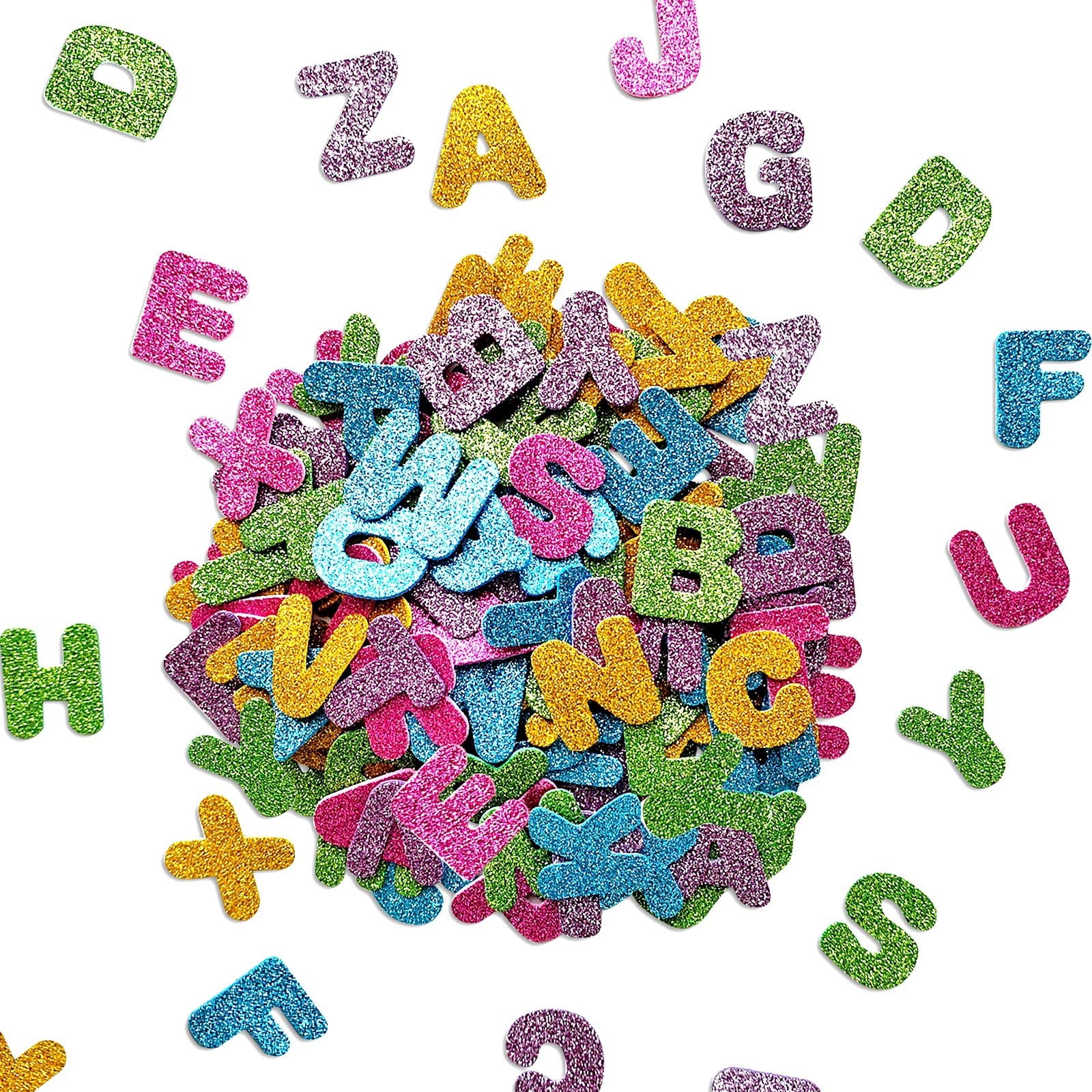 MINSHUXI 168 stuks glitter-schuimstickers, letters, schuimrubber, letters, zelfklevende stickers, kleuren, zelfklevende sterren en hartstickers voor doe-het-zelf handwerk, decoreren (kleur