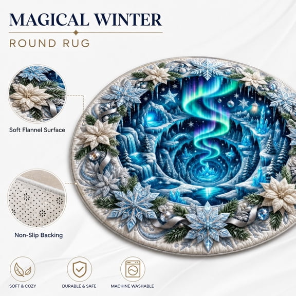 JuDWoC 31.52in 31.52in 3D Swirl Round Rug Winter Snowflake Decor Non-Slip Washable Area Rugs for Living Room Soft Flannel Holiday Carpet Indoor Floor Cover Aurora Christmas Home