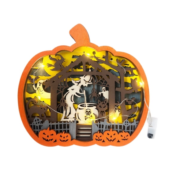 JuDWoC 5.91 Inch Halloween Wooden Lighted Pumpkin for Tabletop, Light Up Pumpkin Ghost Lamp Lantern Shadow Box Halloween Table Decorations Ornament