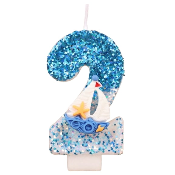 JuDWoC Birthday Number Candle, Beach Theme Birthday Party Candle Sailing Boat Birthday Party Decoration Paraffin Blue Sea Number Candles for Cake Topper for Wedding Summer Party Number 2