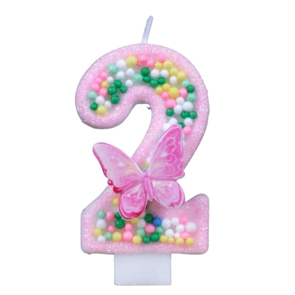 JuDWoC Butterfly Number 2 Candle, Colorful Macaron Candles Birthday Decorations, Glitter Two Cake Topper with Sequins for Party Supplies & Favors