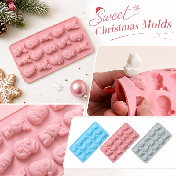 JuDWoC Christmas Reindeer Silicone Mold 15 Cavity Santa Pan 7.87 Inch Food Grade Non Stick Chocolate Casting Form Reusable Detailed Festive Base for Handmade Soap Candy Berry Jelly