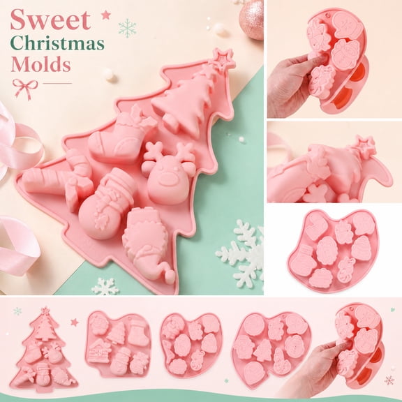 JuDWoC Christmas Tree Silicone Mold 6 Cavity Reindeer Snowflake Pan 8.66 Inch Food Grade Non Stick Chocolate Casting Form Reusable Detailed Festive Base for Handmade Soap Candy Cookie