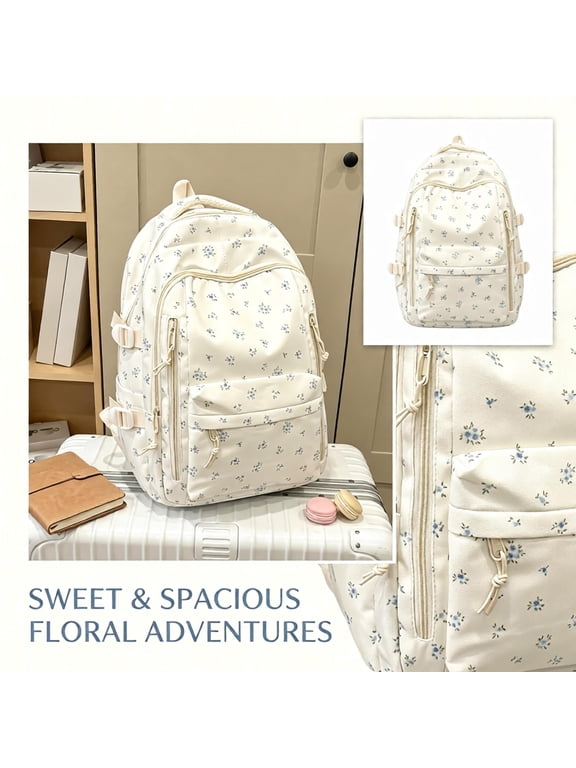 Laptop Backpack for Women Work Backpack School Bag Floral Print Pattern Side Strap Buckle Accent Lightweight Water Resistant Multi Pocket Storage Rucksack Everyday Travel Casual Daypack 16.9in