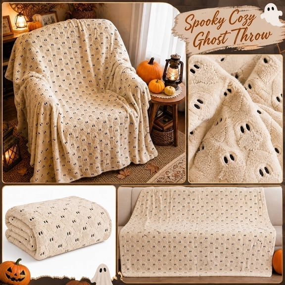 JuDWoC Minimalist White Ghost Throw Blanket Soft Flannel Fleece Blanket Cute Jacquard Ghost Pattern Lightweight Fleece Blanket for Sofa Bed Couch Decor 39.3*27.6in