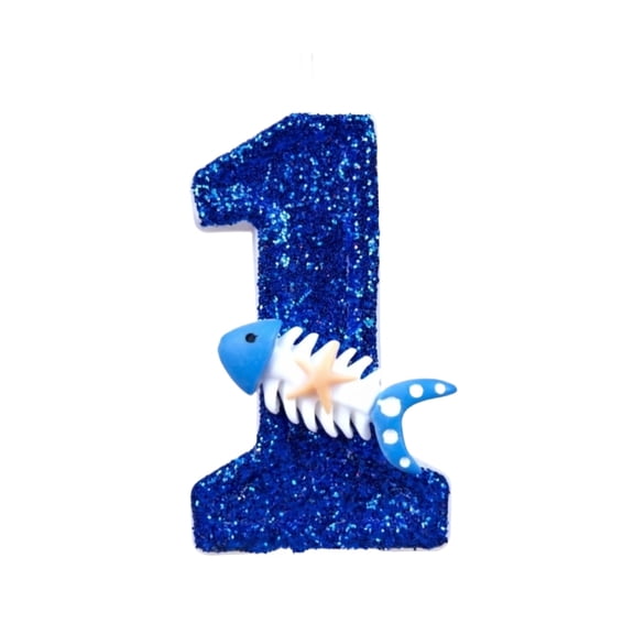 JuDWoC Ocean-Themed Number Candles, Number 1 Blue Sparkle Birthday Candles with Fishbone and Starfish Designs, Nautical-Style Ocean-Themed Cake Decorations for Summer Beach and Pool Parties