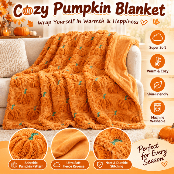 JuDWoC Orange Pumpkin Patch Throw Blanket Soft Flannel Fleece Blanket Autumn Pumpkin Pattern Throw Blanket for Couch Sofa Bed Halloween Harvest Decor 78.7*59.1in