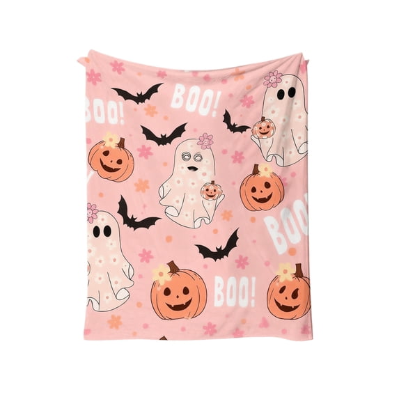 JuDWoC Pastel Pink Daisy Ghost Throw Blanket Soft Flannel Fleece Blanket Cute Floral Ghost Pumpkin Bat BOO Pattern Blanket for Sofa Couch Bed Decor 59.1*51.2in