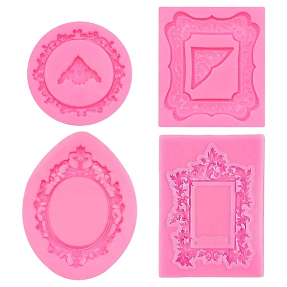 JuDWoC Picture Frame Silicone Mold 2 Inch Mini Baroque Border Tray 4PC Food Grade Chocolate Cake Decorating Base Reusable Detailed Embossing Form for Soap Candy Clay Biscuit Baking Tool