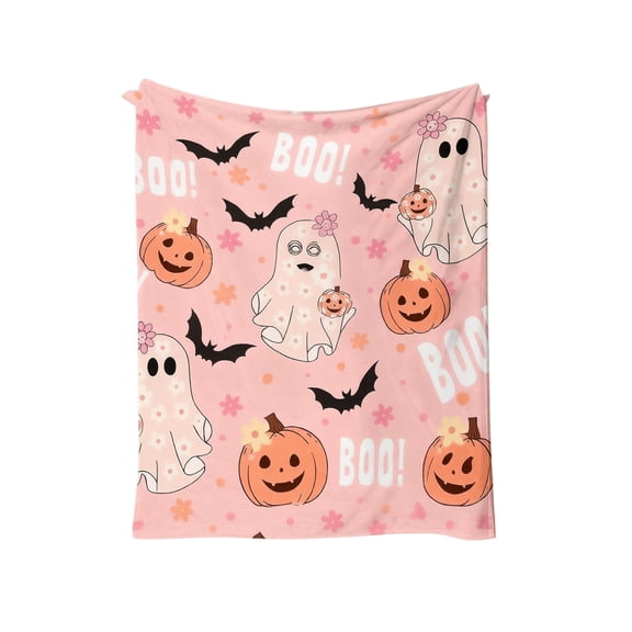 JuDWoC Pink Halloween Throw Blanket Soft Flannel Fleece Blanket Cute Ghost Pink Pumpkin Skull Candy Cane Pattern Blanket for Couch Sofa Bed Decor 39.3*27.6in