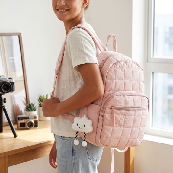 JuDWoC School Bag Travel Backpack Quilted Grid Pattern Lightweight Water Resistant Multi Compartment Zipper Storage Rucksack Casual Daily Storage Daypack Laptop Travel Functional Pack 11in