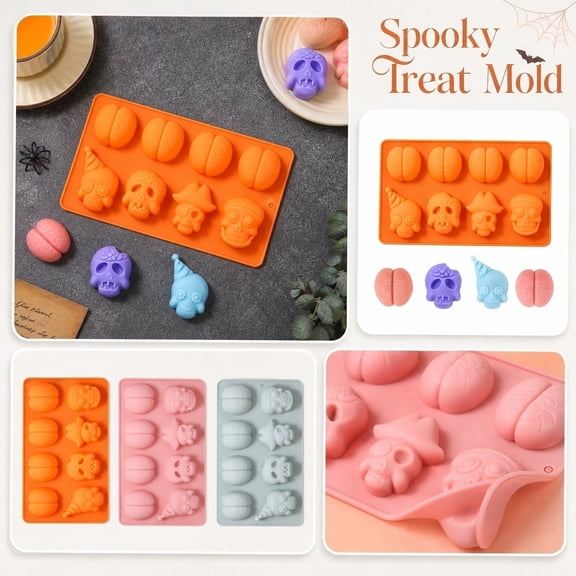 JuDWoC Skull Silicone Mold 8 Cavity Horror Brain Mousse Pan 7.48 Inch Food Grade Non Stick Chocolate Casting Form Reusable Detailed Halloween Tray for Handmade Soap Candy Biscuit Cake