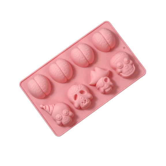 JuDWoC Skull Silicone Mold 8 Cavity Horror Brain Mousse Pan 7.48 Inch Food Grade Non Stick Chocolate Casting Form Reusable Detailed Halloween Tray for Handmade Soap Candy Biscuit Cake