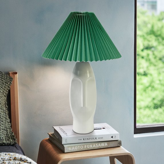JuGuo Vintage Pleated Ceramic Table Lamp for Bedroom - 3 Way Dimmable with USB Port & 4W LED Bulb - Touch Control Boho Table Lamp with Green Pleated Lampshade, Perfect for Living Room & Home Decor
