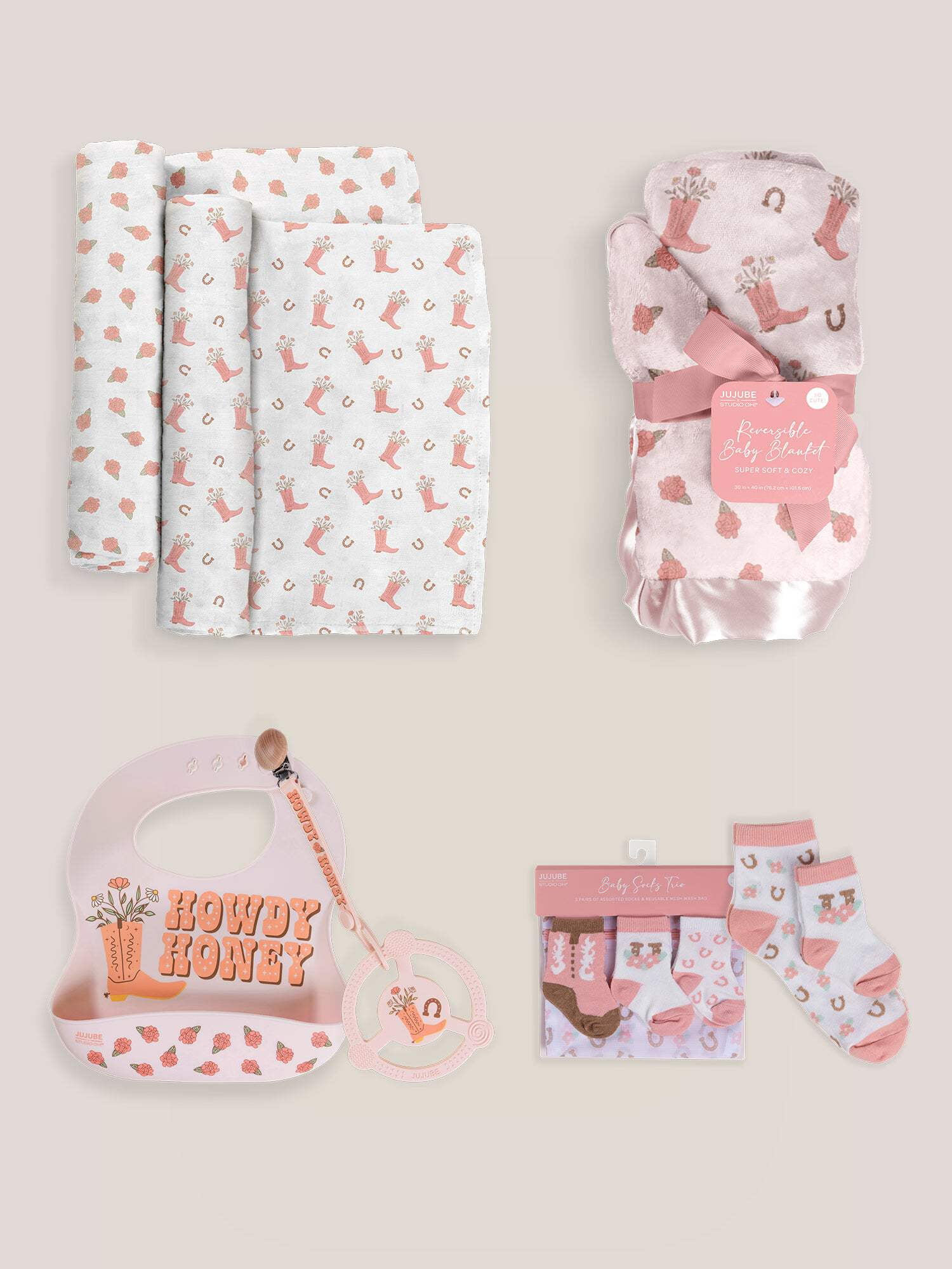 JuJuBe x Studio Oh! Socks, Bib, Teething Ring, Blankets Baby Bundle - Bloomin' Boot