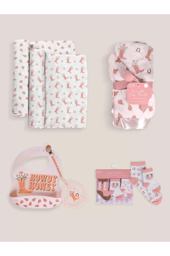 x Studio Oh! Socks, Bib, Teething Ring, Blankets Baby Bundle - Bloomin' Boot
