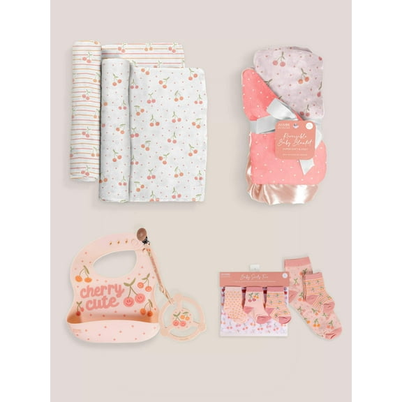 JuJuBe x Studio Oh! Socks, Bib, Teething Ring, Blankets Baby Bundle - Cherry Cute